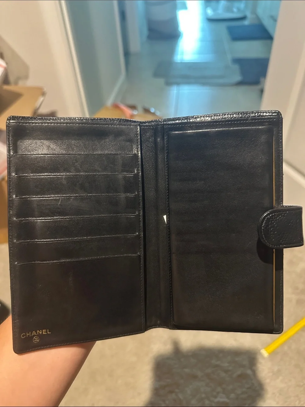 CHANEL Black Quilted Caviar Leather Wallet with Embossed CC